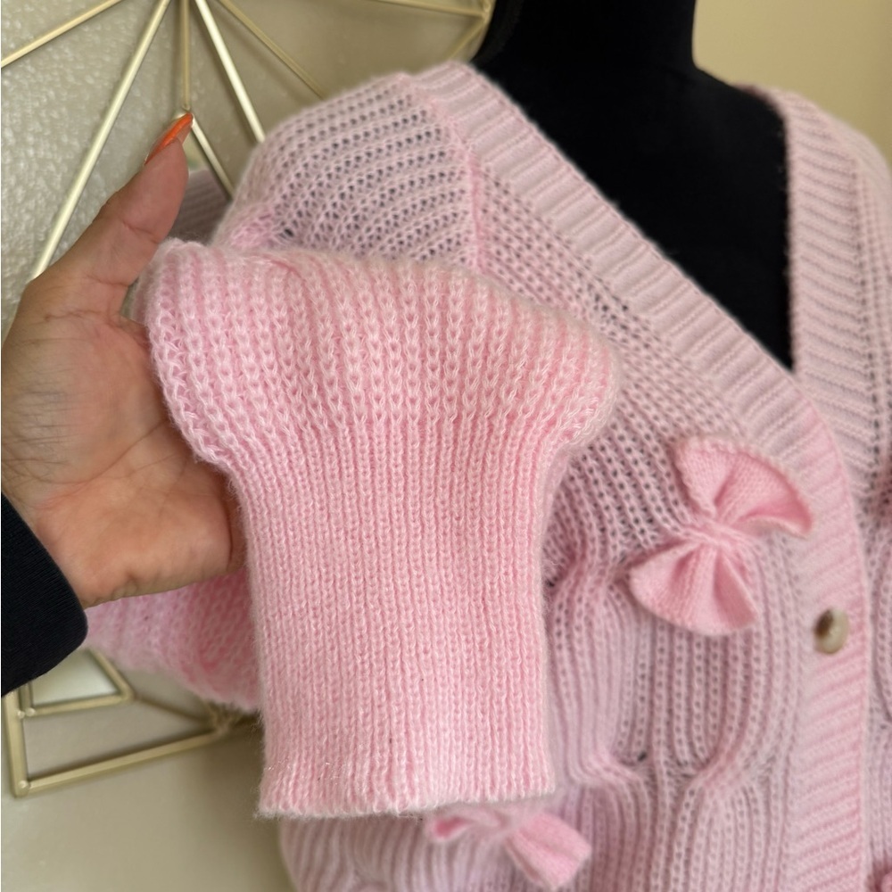 Pink Bow Knit Cardigan Sweater Coquette Cottagecore Oversized XL - Picture 4 of 7
